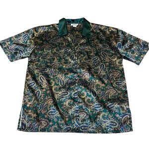 Vintage Satin Paisley Top, shirt, blouse, green gold, Large